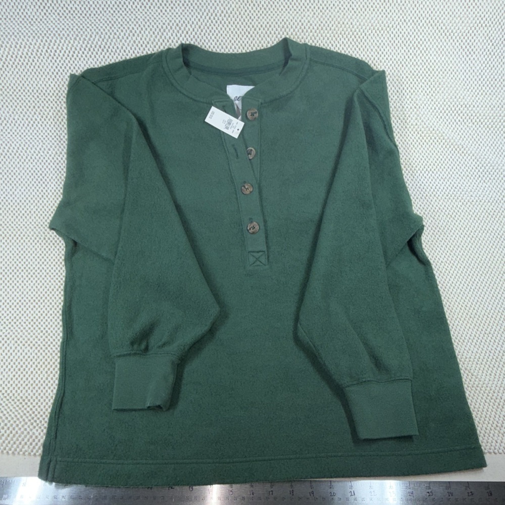 Aerie Women's S Green Solid Henley Top Long Sleeve Crew Neck Button Casual - Picture 2 of 5